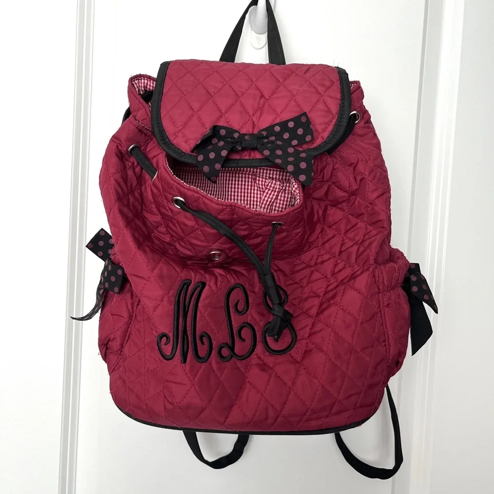 Quilted Red Backpack with Bow Accents & Initials “MLS”